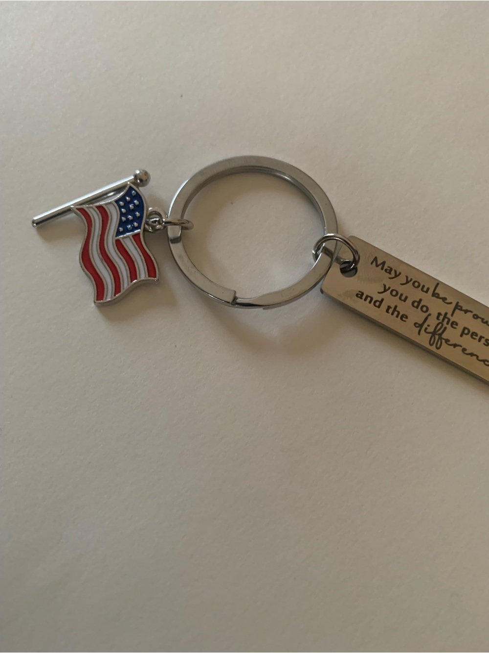 Patriotic American Flag Keychain with Inspirational Tag - Silver Metal